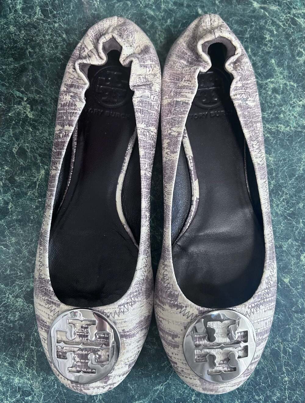Tory Burch Reva Ballet Flats in Gray Snakeskin Print with Silver Logo Medallion